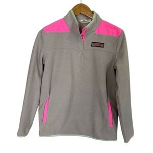 Vineyard Vines Fleece Quarter Snap Pullover Gray Pink Green Girls Size XL